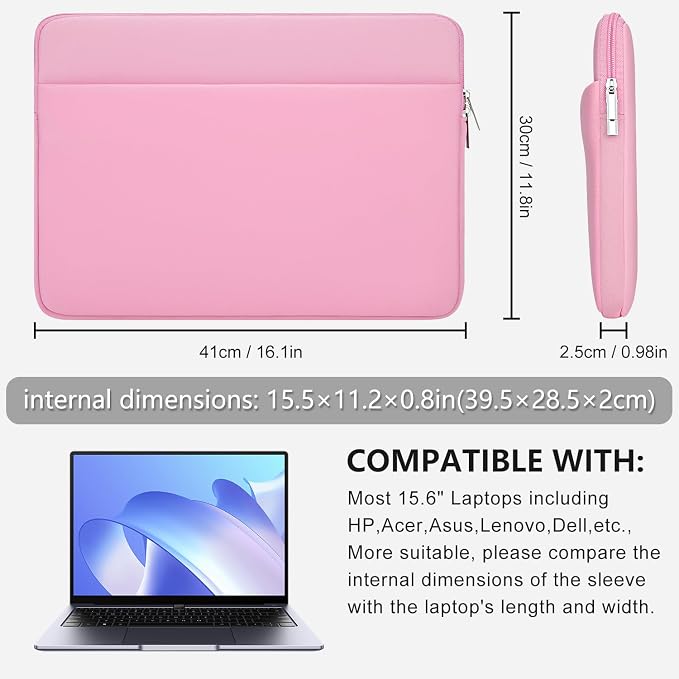 Laptop Sleeve Bag Compatible with 15.6 inches HP Asus Lenovo with Zipper Accessory Pocket Padded Computer Pouch Cover Shockproof Protective for 15.6” Laptop,Pink