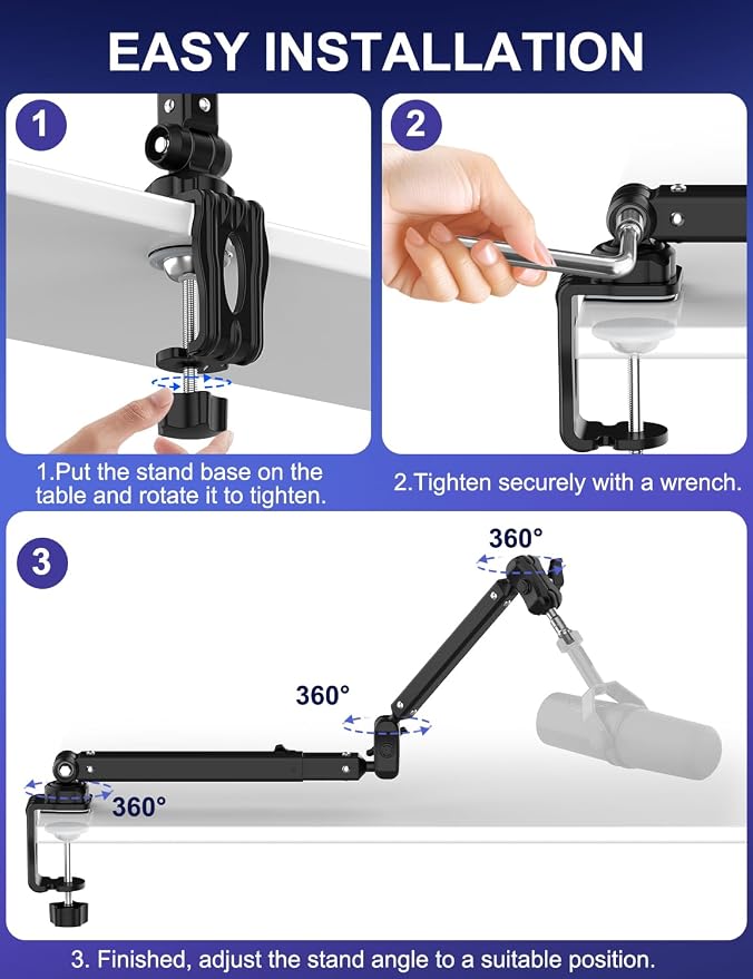Microphone Boom Arm, 360° Rotatable Heavy Duty Stable Metal Low Profile Mic Arm Stand Desk Mount for Podcast Live Streaming Gaming Studio, with Cable Management, 3/8'' to 5/8'' Adapter