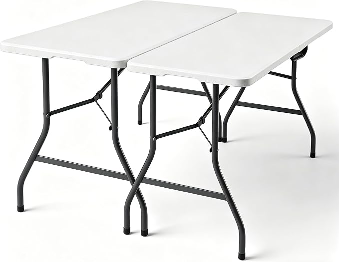 2 Pack 5ft Folding Table, Foldable Picnic Table with Carrying Handle, Heavy Duty Fold-in-Half Portable Table for Weddings, Camping, RV Travel, Parties, and Indoor Use, Easy to Fold and Store, White