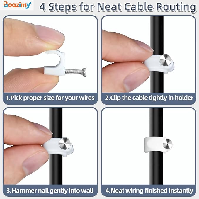 Cable Clips 400 Pcs, 7mm 8mm 9mm 10mm Nail in Wire Wall Clips with Steel Nails, Ethernet Cable Management Organizer, Coax Cable Tacks for Cat6 RJ45 Speaker Wire TV Cords - White
