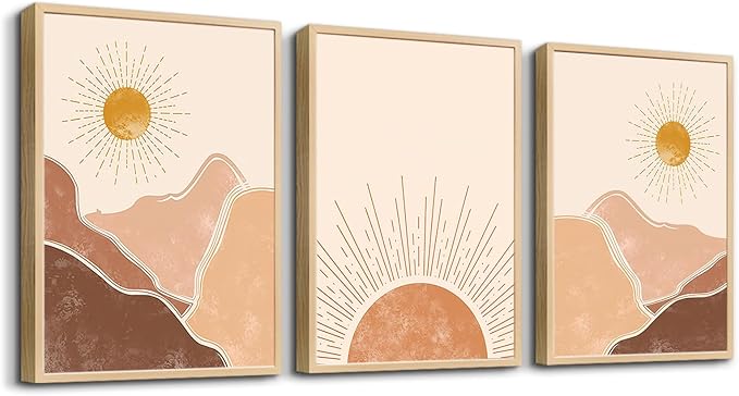 Natural Wood Framed Boho Wall Art for Bedroom, Living Room, Minimalist Office Decor - Abstract Mountain Sunshine Decorations Paintings Pictures for Girl Room Home Decor - 3 Piece