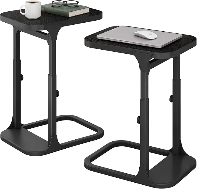 Kitstorack Height Adjustable End Table 2 Pack, Small Side Table for Couch, Sofa Table with Metal Frame for Living Room, Bedroom, Bedside C Shaped Table,Black