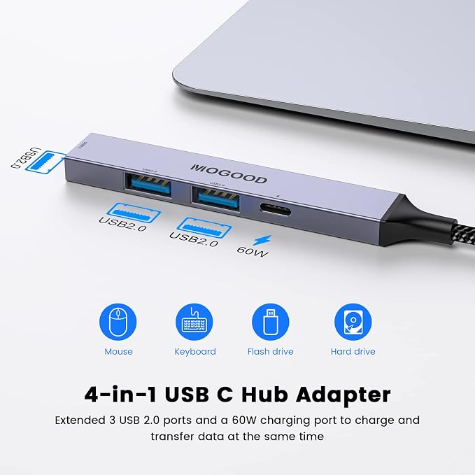 MOGOOD USB C Hub Support Charging USB Multiport Adapter,USB C to USB Hub with 60W PD,USB Splitter for Laptop Compatible with Mac Pro,iMac,iPad Pro,Chromebook,Dell XPS,Samsung,and More Type C Devices