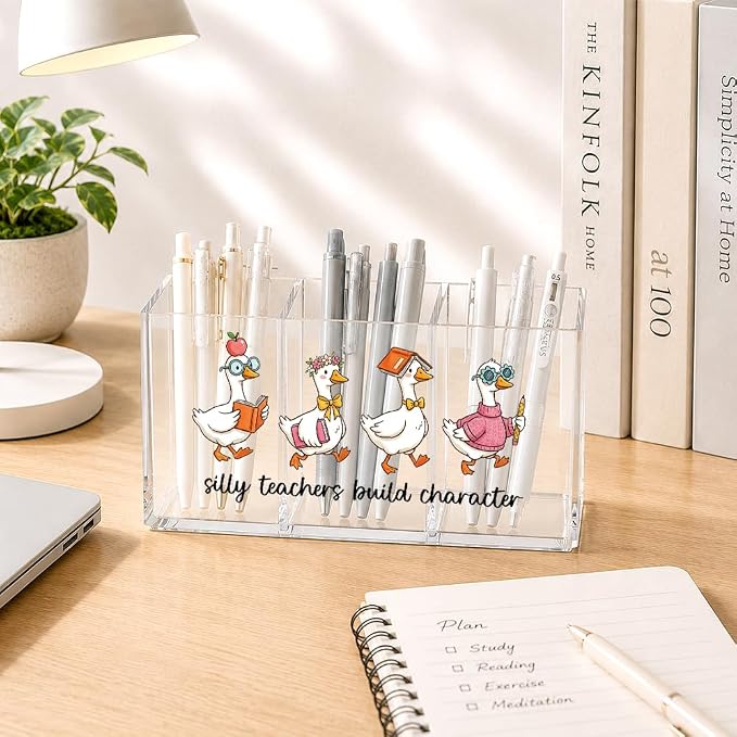 Silly Teachers Build Character Acrylic Pen Holder for Desk, Cute Goose Theme Desk Organizer for Office Home, First Day of School Gifts, Funny Back to School Appreciation Gifts for Women Teachers