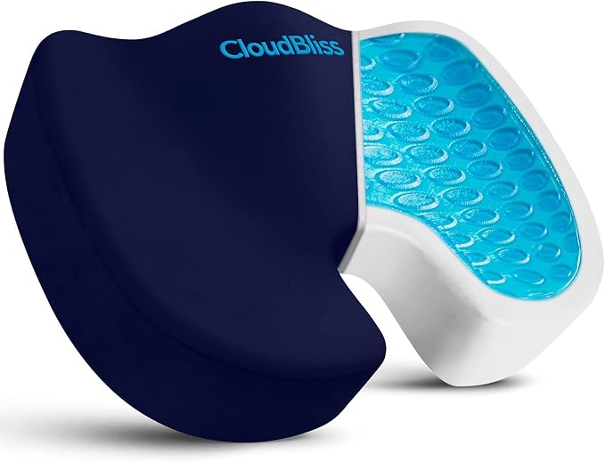 CloudBliss Gel Memory Foam Seat Cushion for Long Sitting, Large, Blue | Gel Chair Pad for Tailbone, Coccyx, Sciatica , Soft Suede Cover, Non-Slip , Washable Mesh, for office, home, car