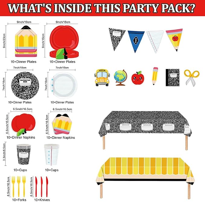 129PCS Apple Pencil Back to School Party Supplies Serves 20, Preschool Kindergarten First Day Classroom Decor Kit Plates Cups Napkins Cutlery Straws Swirls 2 Tablecloths & Banner Kids Graduation