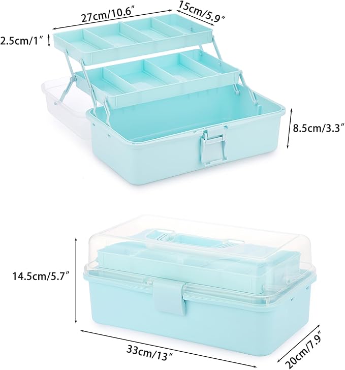 BTSKY 3-Layer Plastic Dividing Storage Box Craft Organizer and Storage | Portable Handled Art Supply Organizer with Adjustable Spacers Multipurpose Home Utility Box for Medicine Sewing(Blue)