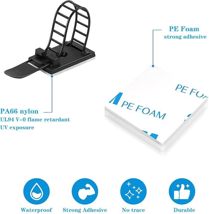 Adjustable Adhesive Cable Management Clips for Desk,Black,100 Pcs | Large self Adhesive Cable Ties Clips,Suitable for desks or wall adhesive wire organizer extension cord management clips