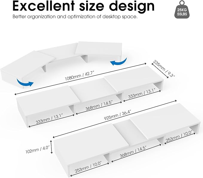 FITUEYES Dual Monitor Stand Riser, Adjustable Length and Angle, White | Wooden 3-Shelf Design, Supports up to 55lbs, Flexible for Standard Corner Space, Holds Monitor, Laptop, Phone, Printer
