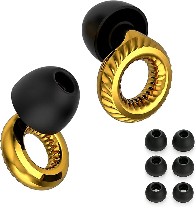 Ear Plugs for Noise Reduction – Reusable Silicone Earplugs with Filter Technology for Sleeping, Travel, Focus, Concerts & Motorcycling Ear Plug +8Tip (Round Golden)