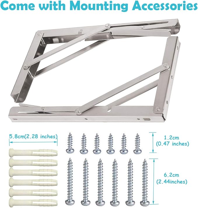 CLT 16'' Folding Shelf Brackets Max. Load 440 lb, Heavy Duty Stainless Steel DIY Wall Mounted Shelf Bracket Space Saving for Table Work Bench, Pack of 2
