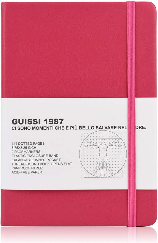 Guissi Classic Dotted Grid Bullet Notebook Journal Dot Hard Cover A5 Premium 80gsm Thick Acid-Free Paper with Fine Inner Pocket Faux Leather Office School Supplies 144 Pages Designed in Florence