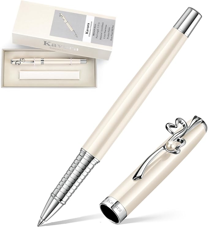Heart & Pearl Rollerball Pen – Luxury Brass Pen Gift Set for Women, Jewelry-Inspired Design, Glossy Finish, with German Refill, Meaningful Gift for Her, Mother’s Day or Birthday (Pearl White)