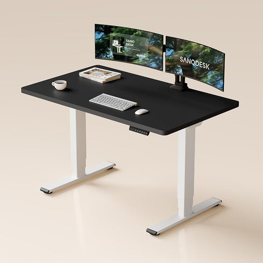 SANODESK Dual Motor Standing Desk 220lbs Height Adjustable Desk | 48"x30" Spacious One-Piece Black Desktop & White Frame, 4 Memory Presets, 3-Stage Legs, 220lbs, 2-Box for Home & Office