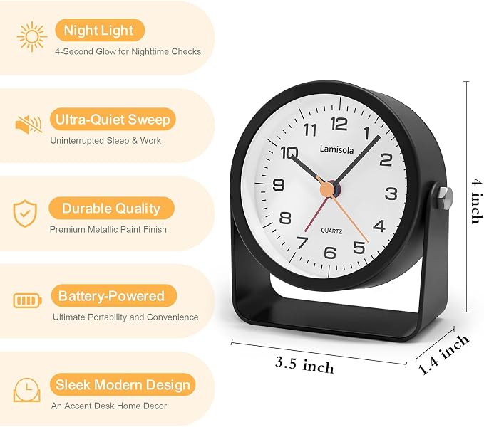Lamisola 3.5 Inch Small Desk Battery Clock, Black Alarm Clock for Bedroom | Travel Clock for Bathroom Table Shelf Bedside, Cute Metal Vintage Silent Night Light Snooze for Kids Seniors