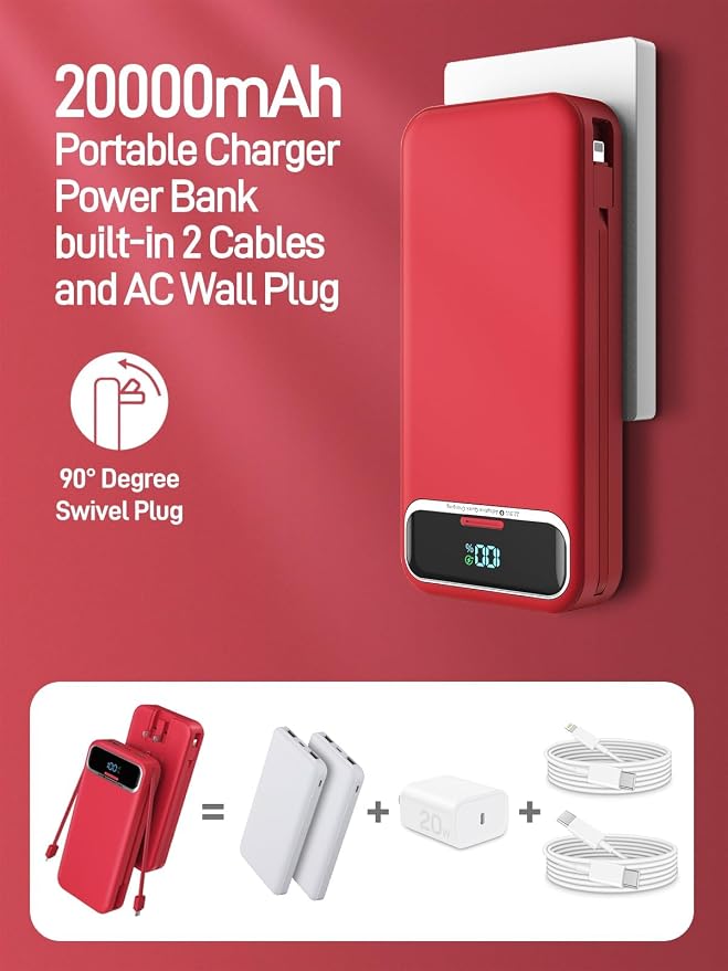 Nusyddy Portable Charger 20000mAh 22.5W w/Built-in Cables & Wall Plug Red | 22.5W Fast Charging, High Capacity, LED Display, Charge 5 Devices at once, TSA Approved, Compatible with iPhone/iPad/Samsung