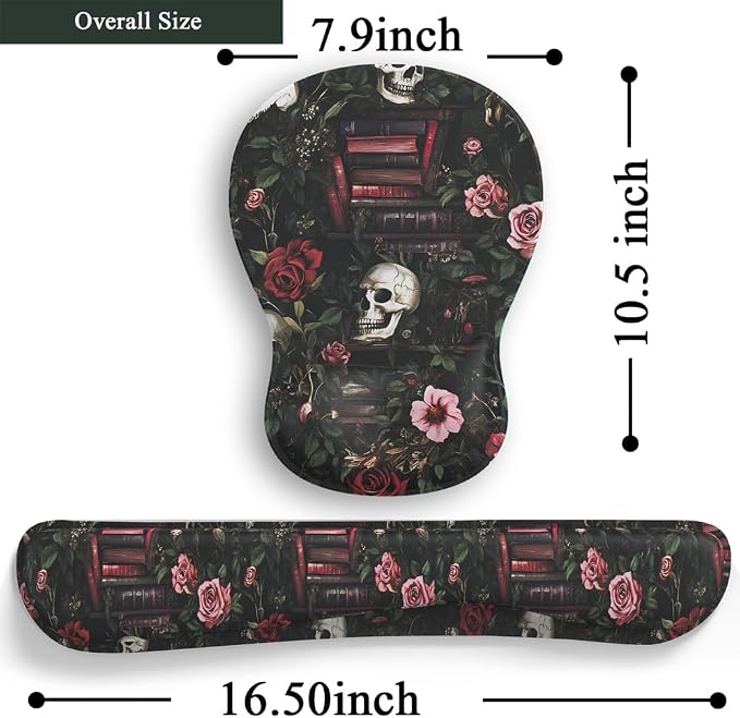 Gothic Skull Rose Ergonomic Mouse Pad with Wrist Rest & Keyboard Wrist Support Set - Non-Slip Gaming Office Desk Mat, Comfortable Memory Foam Cushion for Computer/Laptop Users, Home Office Workers