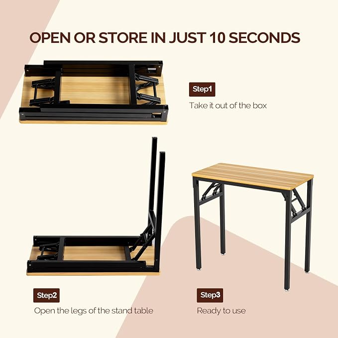 VINGLI Small Computer Desk No Assembly Required, Folding Desk As Writing Table, Dining Table and Workbench, Foldable Desk for Small Space & Home Office (31.5, Teak & Black Frame)