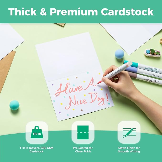 Ohuhu Blank White Cards and Envelopes 100 Pack - 5" x 7" Heavyweight Folded Cardstock and A7 Envelopes for DIY Greeting Cards Wedding Birthday Invitations Baby Shower Thank You Cards and All Occasions