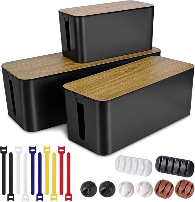 Tuwechen 3 Pack Cable Management Box, Cable Organizer Box to Hide Wires | Wooden Grain Desk Cord Organizer with 18-Piece Cable Management, Power Strips Holder, for Home & Office, Black