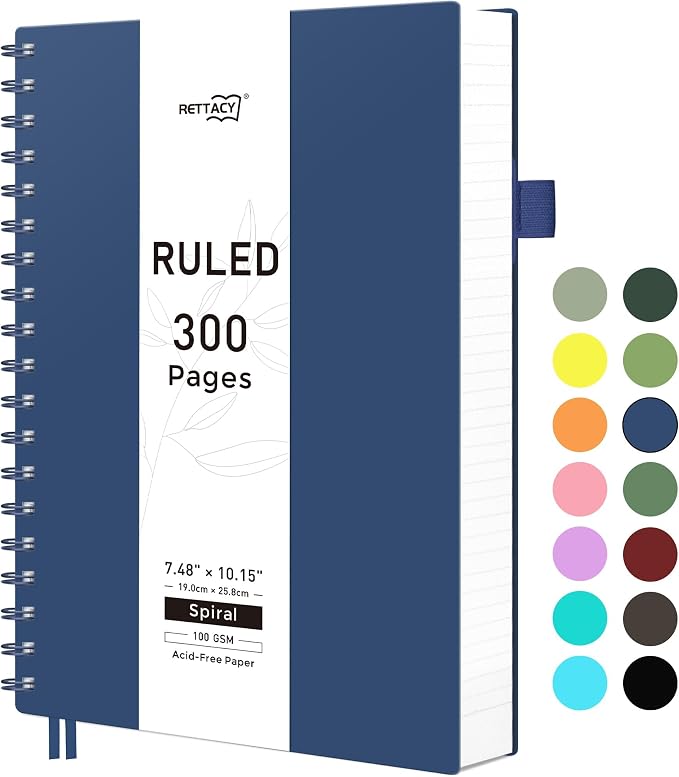 RETTACY Spiral College Ruled Notebook, 300 Pages, B5 Medium Size (7.4" x 10"), for School, Work, Writing, Journaling, 100 GSM Thick Paper, Flexible Plastic Cover (Navy Blue)