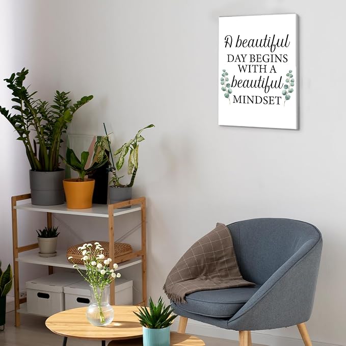 Motivational Eucalyptus Wall Art Decor, Inspirational Green Botanical Pictures Positive Quotes Canvas Painting Posters for Office Living Room Bedroom Decoration (11.5 X 15 Inches, Framed)