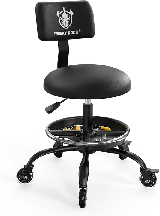 Rolling Shop Stool with Wheels, Garage Mechanic Stool Chair with Backrest, Height Adjustable Heavy Duty Swivel Task Chair, Adjustable Footrest with Storage Tray for Garage Kitchen Salon Tattoo (Black)