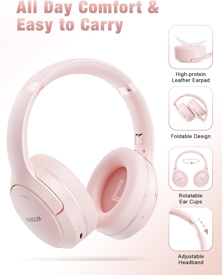 RUNOLIM Hybrid Active Noise Cancelling Headphones, Wireless Over Ear Bluetooth Headphones with Microphone, 100H Playtime, Foldable Headphone with HiFi Audio, Deep Bass for Home Travel Office（Pink）