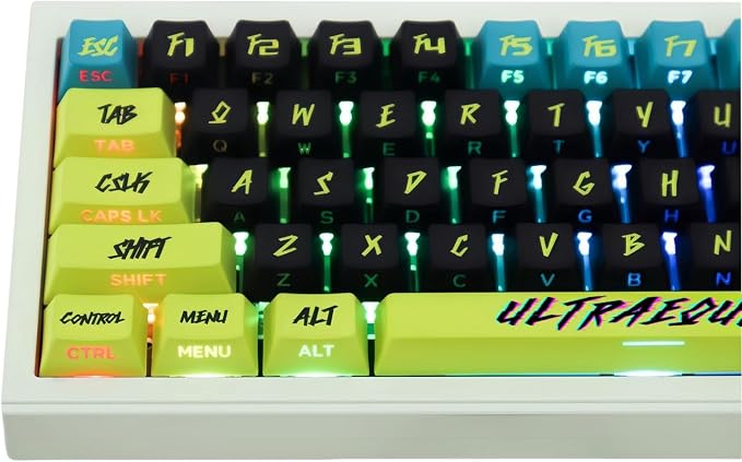 PBT Keycaps V2 Cyberpunk Keycaps Shine Through Side Printed Thick Cherry Profile 130 Keys Dye Sub Custom Set for ISO ANSI 60 65 75 100 Percent Mechanical Keyboard -Cyber Lemon v2