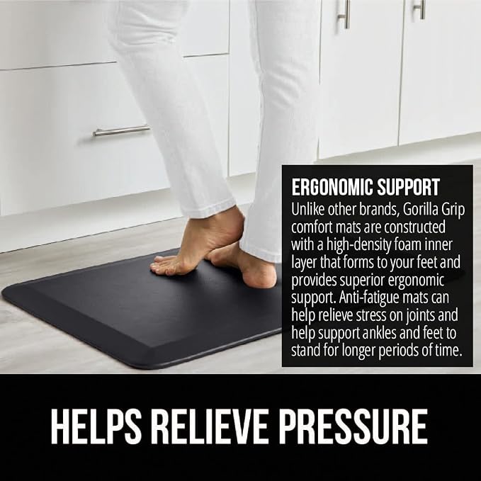 GORILLA GRIP Comfortable Cushioned Kitchen Mats for Floor, 70x24, Waterproof and Stain Resistant Soft Top, 3/4 Inch Thick Ergonomic Standing Desk Anti Fatigue Mat, Foam Supports Ankles and Feet, Onyx