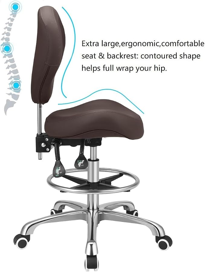 Kaleurrier Adjustable Stools Drafting Chair with Backrest & Foot Rest,Tilt Back,Swivel Seat,Rolling Wheels,for Studio,Dental,Office,Salon and Counter,Armless Tall Home Desk Chairs (Brown)