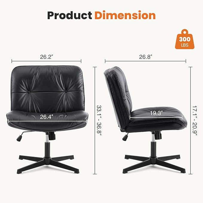 Sweetcrispy Armless-Office Desk Chair Without Wheels, Cross Legged Wide Chair, PU Leather Comfortable Adjustable Swivel Computer Task Chairs for Home,Office,Make Up,Small Space,Bed Room Black