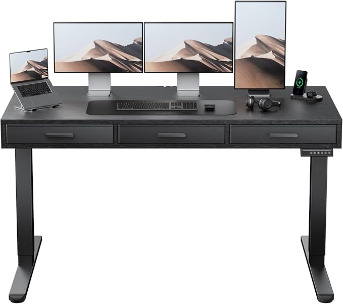 HUANUO Electric Standing Desk with Drawers, C-Clamp Mount Compatible, 55 x 28 Inch Height Adjustable Sit Stand Desk, Fabric Drawers, Home Office Stand Up Desk with 4 Custom Height Settings, Black