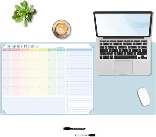 Multi-Functional Dual-Layer Dry Erase Desk Mat, Dry Erase Calendar for Desk - Erasable Desktop Writing Board with Calendar - Non-Slip Faux Leather Desk Protector for Home&Office - 16"x34" Blue