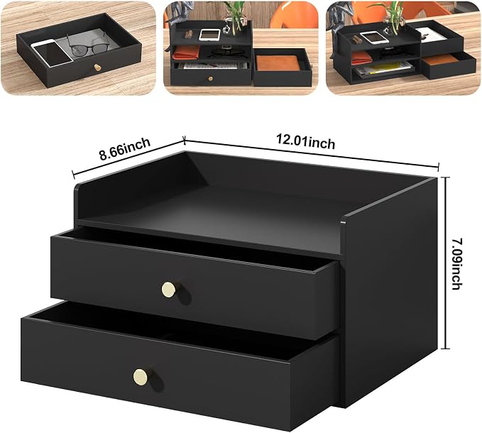 Bamboo Desk Organizer with Drawers,Wooden Desktop Storage(2 Drawers, Black) | 100% Bamboo 2 Pull-Out Drawers No Assembly Required Space-Saving Design