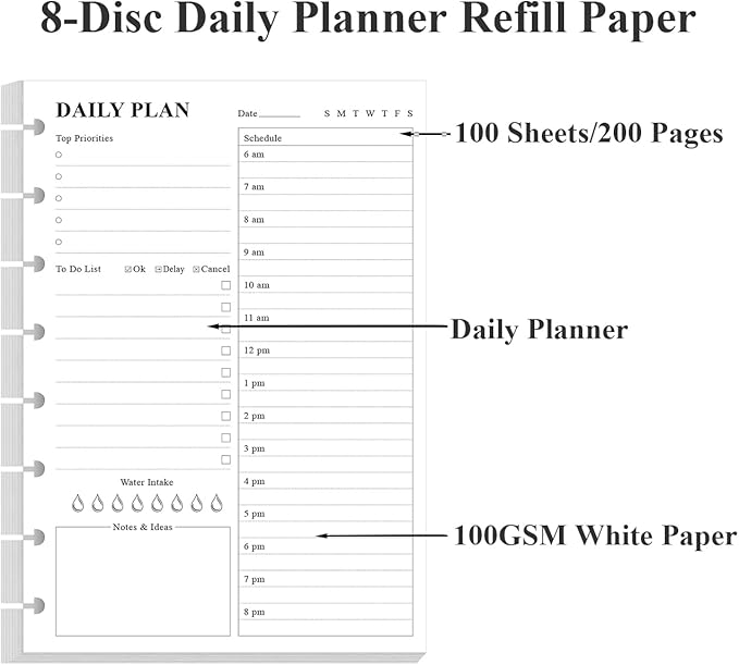 Junior Size To Do List Insert - 8-Disc Discbound Undated Daily Planner Refill for A5 Binder,100 Sheets/200 Pages Planner and Lined Refill, 100 gsm White Paper, 5.8'' x 8.3''
