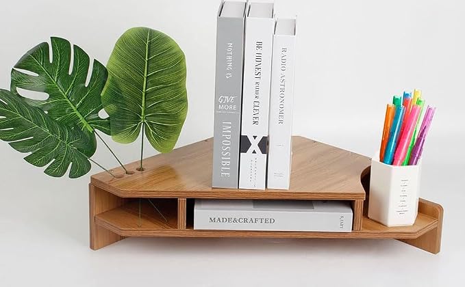 Triangle Monitor Stand Riser,Cut Triangle Save Space Desktop Corner,Desktop corner shelf with drawers wooden computer stand with storage laptop risers office organization. (No drawer)