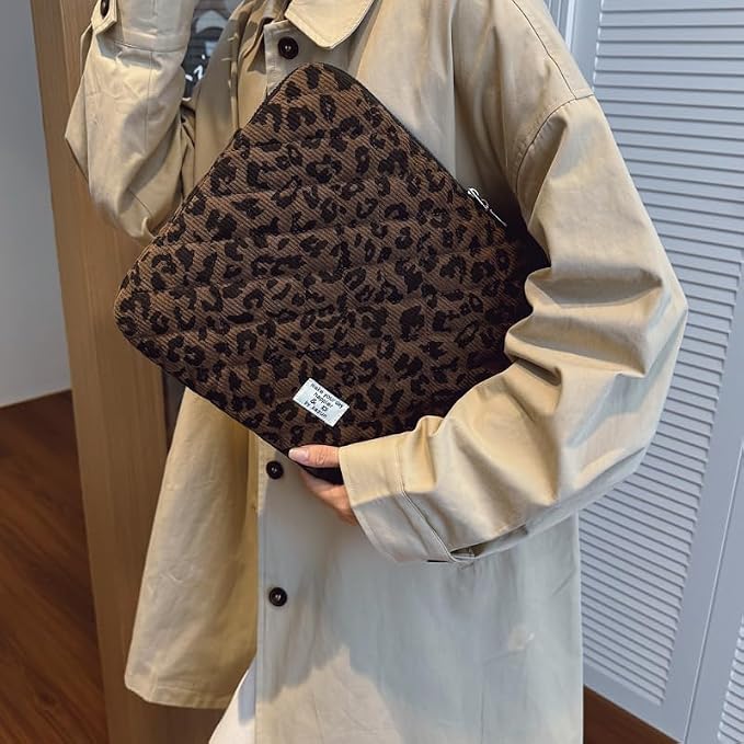 Leopard Puffy Laptop Sleeve 11,13,15 Inch Cheetah Print Quilted Laptop Case Protective Padded Computer Sleeve for MacBook (Coffee, 13-14 Inch)