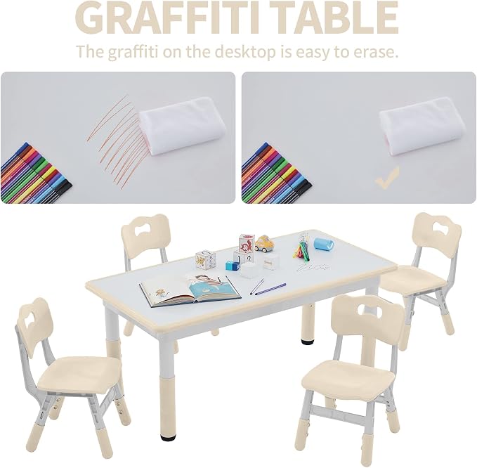 DOREROOM Adjustable Kids Table & 4 Chairs Set, 47.2" L x 23.6" W, Natural | Graffiti Desktop,Table Supports 300 lbs,Toddler Ages 2-8，FSC-certified, Children Activity Table for Daycare, Classroom, Home