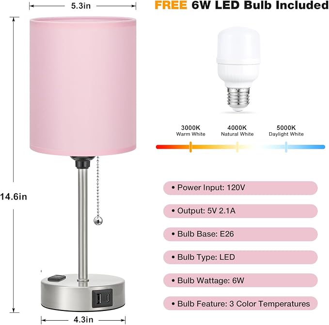 Dicoool Pink Bedroom Lamp for Bedside - 3 Color Temperatures Desk Lamp with USB C and A Ports, Pull Chain Table Lamp with AC Outlet, Nightstand Lamp with Silver Metal Base for Kids Girls