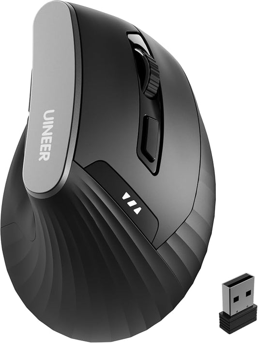 Uineer Ergonomic Vertical Mouse, 2.4G Wireless Mouse, Rechargeable, 4-DPI | Right-handed vertical design with 2.4G USB-A connection, rechargeable battery and visible battery level.