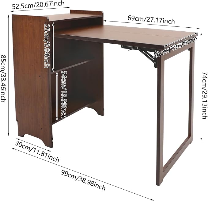 Bamboo Folding Desk with Storage, Space-Saving Foldable Computer Desk for Small Spaces, Vintage Fold Out Hideaway Small Desks Writing Study Table for Bedroom Home Office
