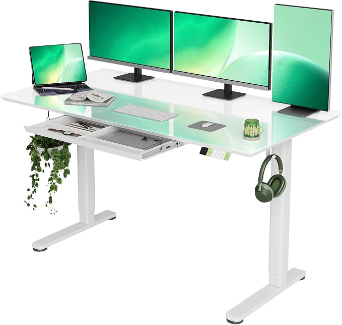 INNOVAR 55 x 27.6 Inch Super White Glass Standing Desk with Drawers | Tempered Glass Top, Ergonomic, Adjustable Height, Stand Up Desk,4 Memory Presets