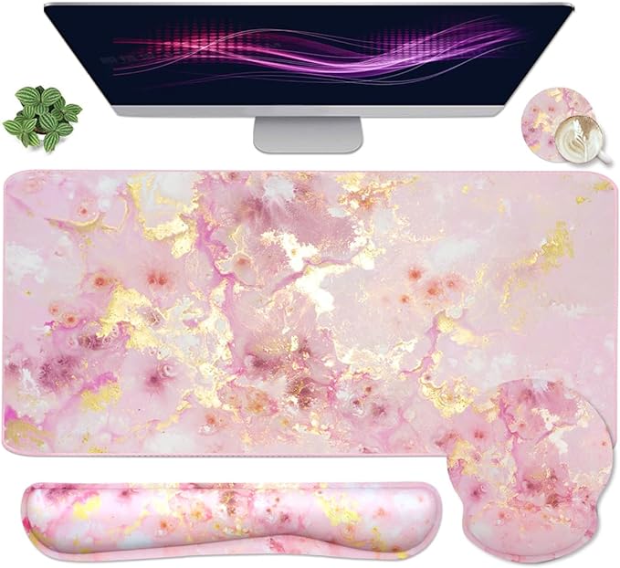 4-in-1 Gaming Mouse Pad Wrist Support Set，Desk Pad + Mouse Pad with Wrist Rest + Keyboard Wrist Rest + Coaster, Ergonomic Design for Home Office Study Game - Pink