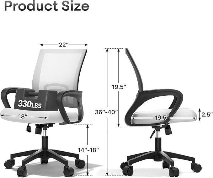Ergonomic Mesh Office Chair, Heavy Duty 330 Lb Capacity 2 Pack, White | Mid-Back Desk Chair, Rolling Wheel, Breathable Mesh Backrest & Lumbar Support, Adjustable Height, Sponge Seat for Home Office