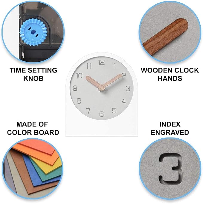 Wooden Silent Non-Ticking Battery Operated Decorative Small Mini Analog Modern Shelf Desk Table Mantel Clock for Home, Office, Living Room, Bed Room (White)