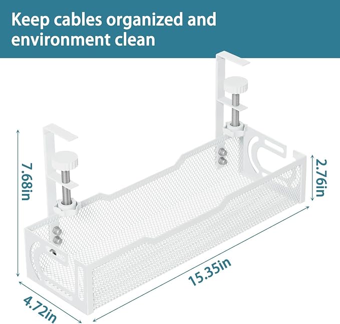 Under Desk Cable Management Tray, No Drill Mesh Cable Tray Cord Organizer | Wire Management Tray Cable Management Rack, Cable Management Box (White)