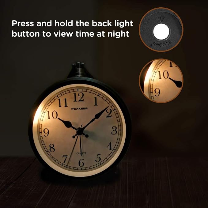 Peakeep 4" Small Battery Operated Antique Retro Analog Alarm Clock | with Contour Lines in Gold for Room Decor, Silent Elegant Bedside Desk Table Gift Clock