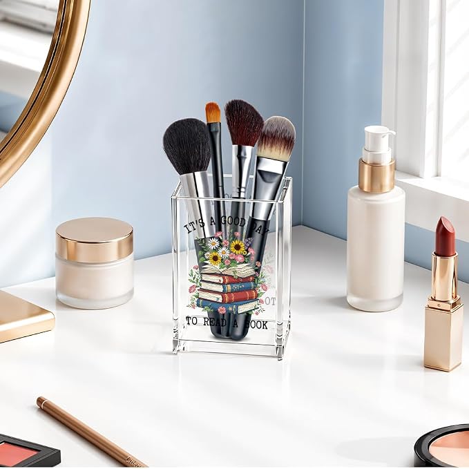 It's A Good Day To Read A Book Acrylic Cosmetic Pencil Pen Holder, Funny Book Pencil Holder for Bookworm, Bookish Gifts for Reading Lover Librarian Teacher Reader, Reading Nook Accessories