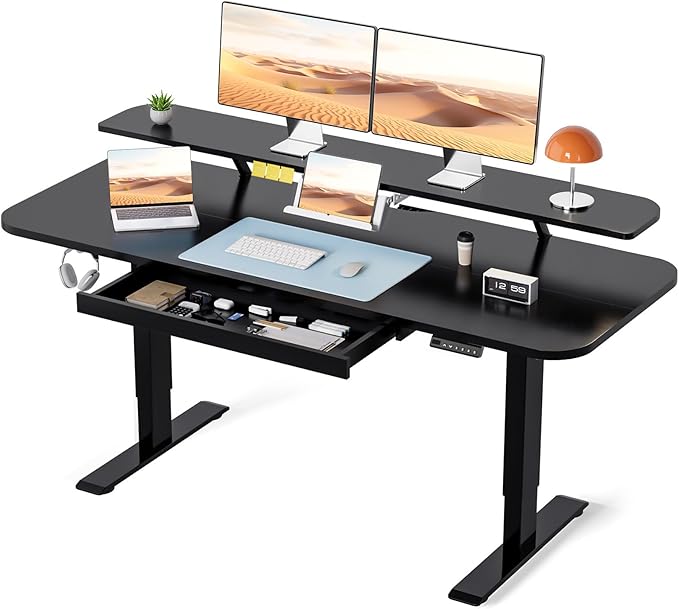 COMHOMA Electric Standing Desk with Drawers, 55 x 24 Inch Sit Stand up Desk with Monitor Stand, Laptop Stand, Height Adjustable Home Office Computer Desks with Memory Preset Controller (Black)